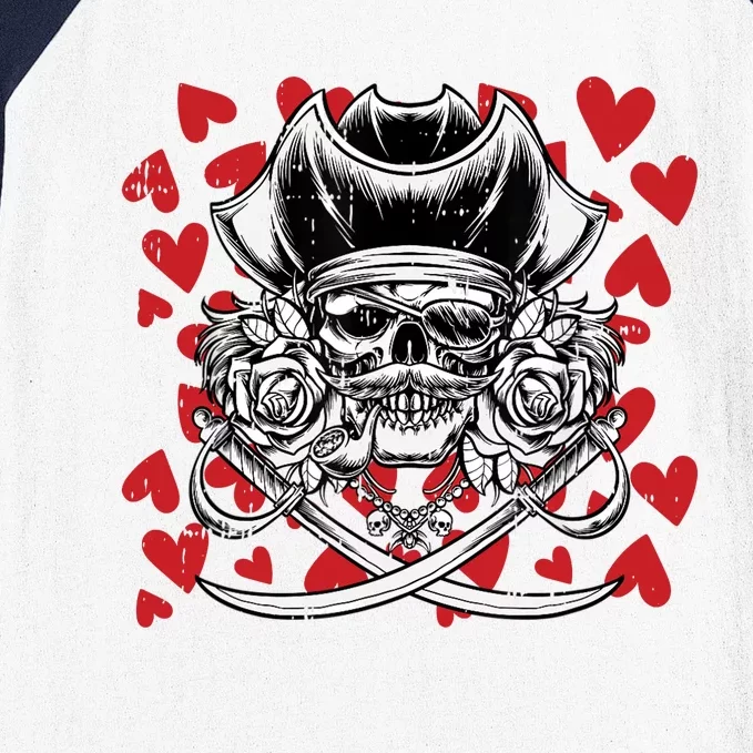 Skull Pirate Hearts Valentines Day Cute Jolly Roger Boy Baseball Sleeve Shirt