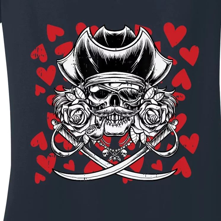 Skull Pirate Hearts Valentines Day Cute Jolly Roger Boy Women's V-Neck T-Shirt