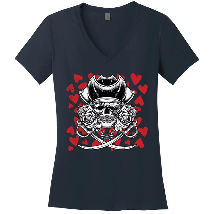 Skull Pirate Hearts Valentines Day Cute Jolly Roger Boy Women's V-Neck T-Shirt