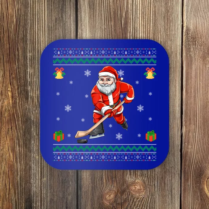 Santa Playing Hockey Sports Ugly Ice Hockey Christmas Funny Gift Coaster