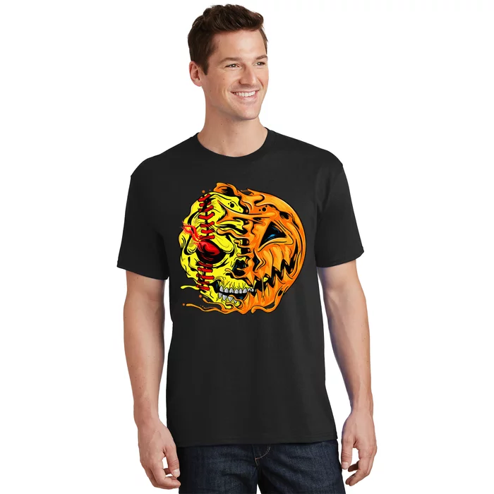 Softball Player Halloween Pumpkin Skeleton Skull T-Shirt