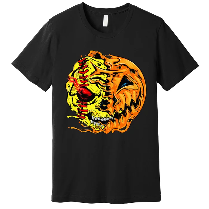 Softball Player Halloween Pumpkin Skeleton Skull Premium T-Shirt