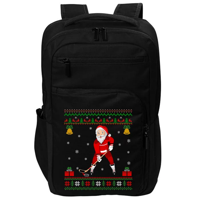 Santa Playing Hockey Sports Ugly Ice Hockey Christmas Gift Impact Tech Backpack