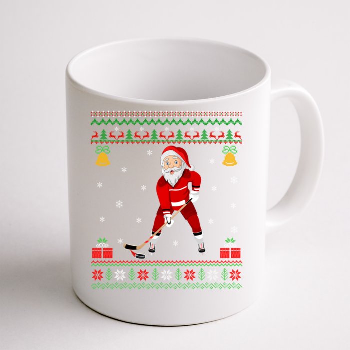 Santa Playing Hockey Sports Ugly Ice Hockey Christmas Gift Front & Back Coffee Mug