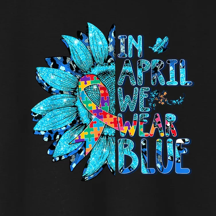 Sunflower Puzzle In April We Wear Blue Autism Awareness Women's Crop Top Tee