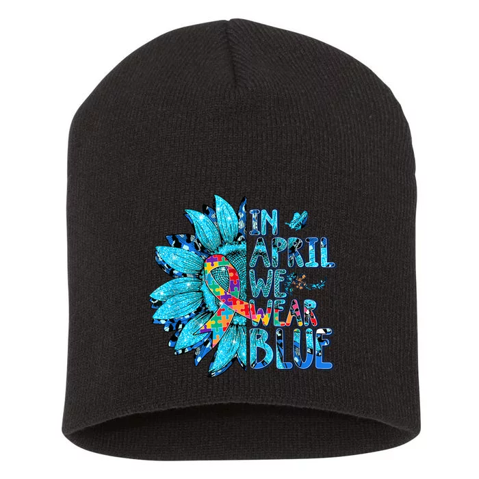 Sunflower Puzzle In April We Wear Blue Autism Awareness Short Acrylic Beanie