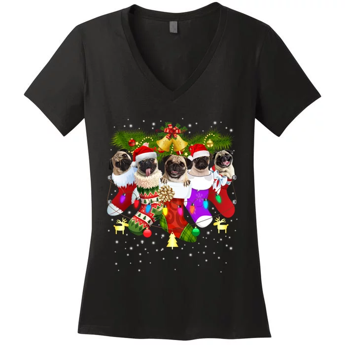 Santa Pugs In Christmas Socks Funny Xmas Dog Lover Pug Mom Sweatshirt Women's V-Neck T-Shirt