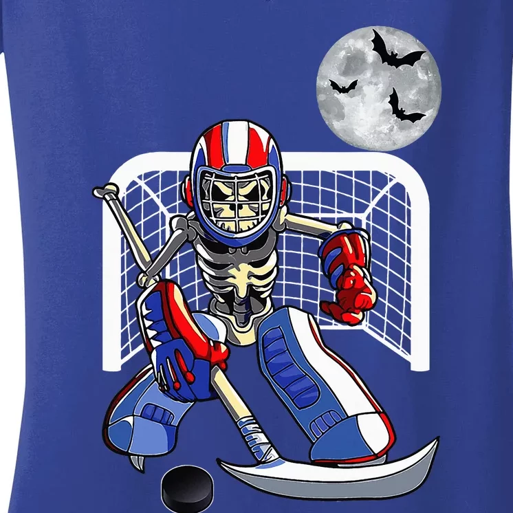 Skeleton Playing Ice Hockey Happy Halloween Day Women's V-Neck T-Shirt