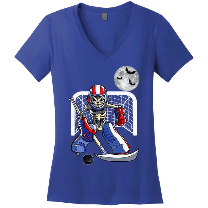 Skeleton Playing Ice Hockey Happy Halloween Day Women's V-Neck T-Shirt