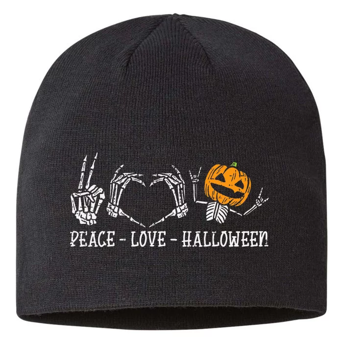 Skeleton Peace Love Pumpkin Funny Halloween 8 1/2in Sustainable Knit Beanie