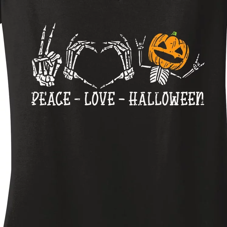 Skeleton Peace Love Pumpkin Funny Halloween Women's V-Neck T-Shirt