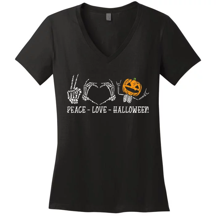 Skeleton Peace Love Pumpkin Funny Halloween Women's V-Neck T-Shirt