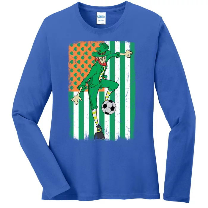 Soccer Player Leprechaun Irish American Flag St Patricks Day Cool Gift Ladies Long Sleeve Shirt