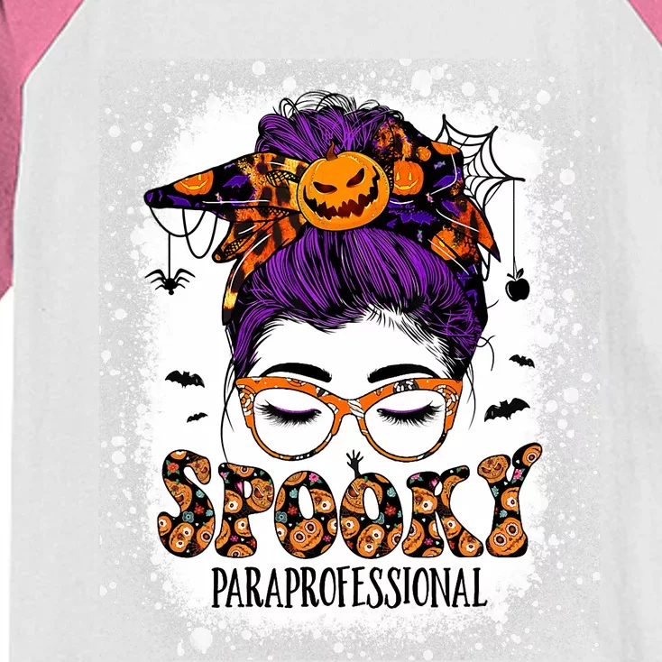 Spooky Paraprofessional Life Halloween Messy Bun Teacher Kids Colorblock Raglan Jersey