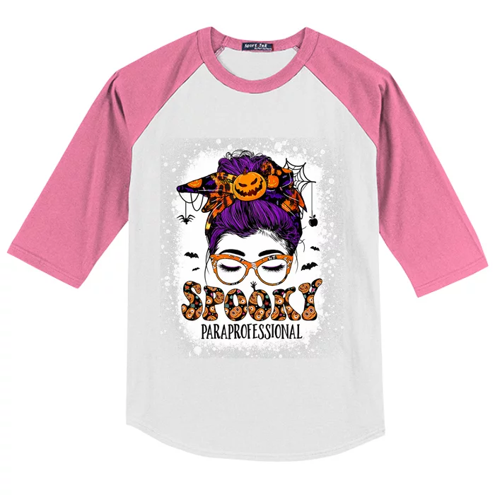 Spooky Paraprofessional Life Halloween Messy Bun Teacher Kids Colorblock Raglan Jersey