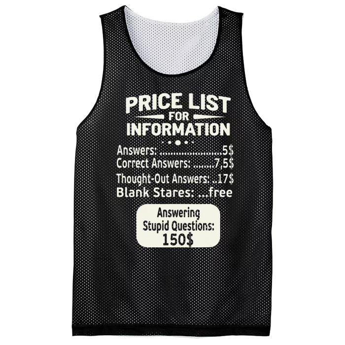 Sarcastic Price List For Information Funny Work Saying Mesh Reversible Basketball Jersey Tank