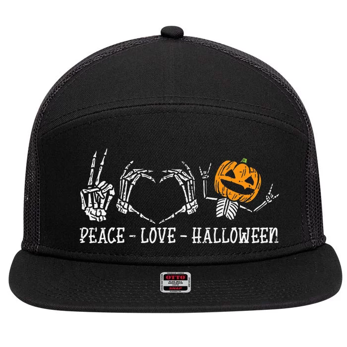 Skeleton Peace Love Pumpkin Halloween 7 Panel Mesh Trucker Snapback Hat