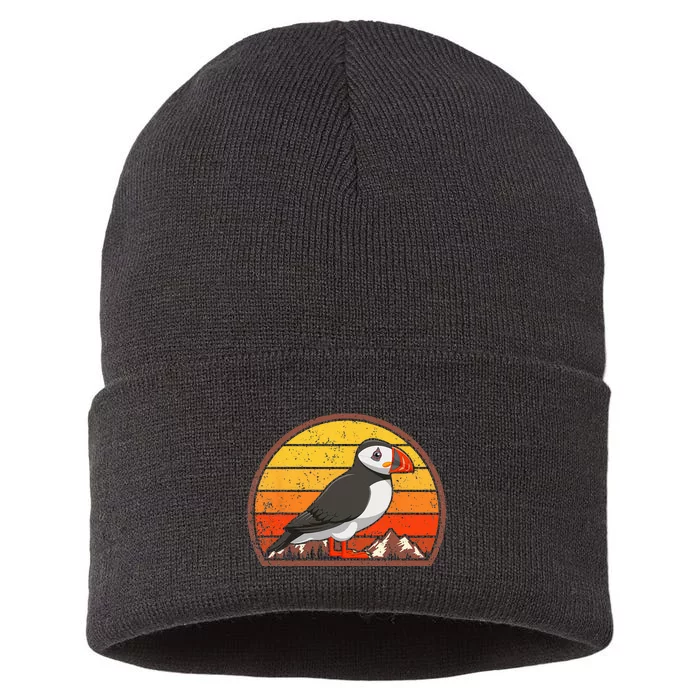 Sunset Puffin Lover Gift Vintage Retro Puffin Sustainable Knit Beanie