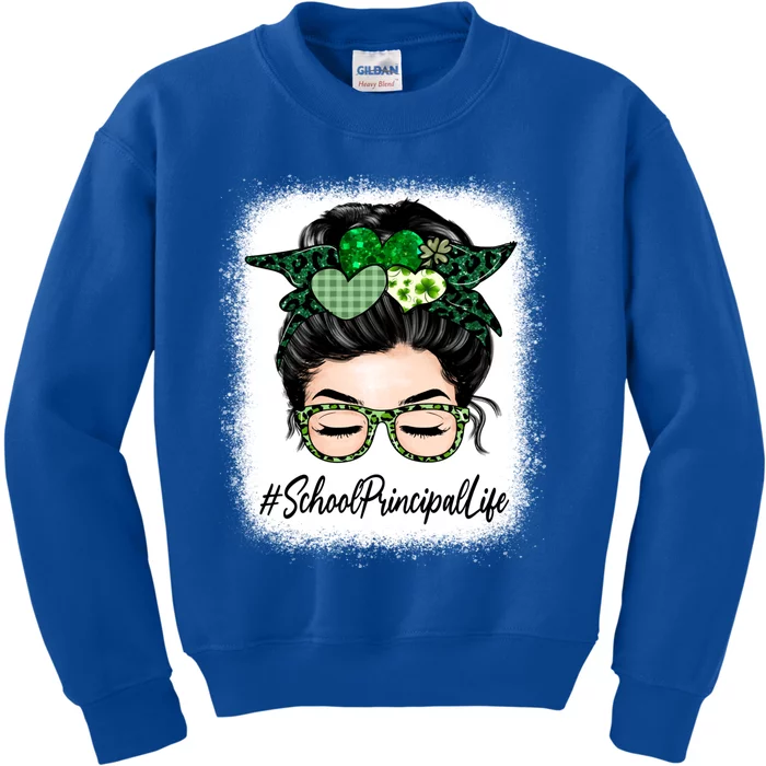 School Principal Messy Bun St Patrick's Day Shamrock Gift Kids Sweatshirt