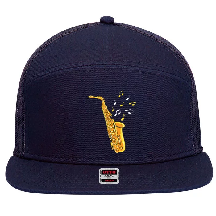 Saxophone Player Musical Notes Saxophonist Jazz Musician Sax 7 Panel Mesh Trucker Snapback Hat