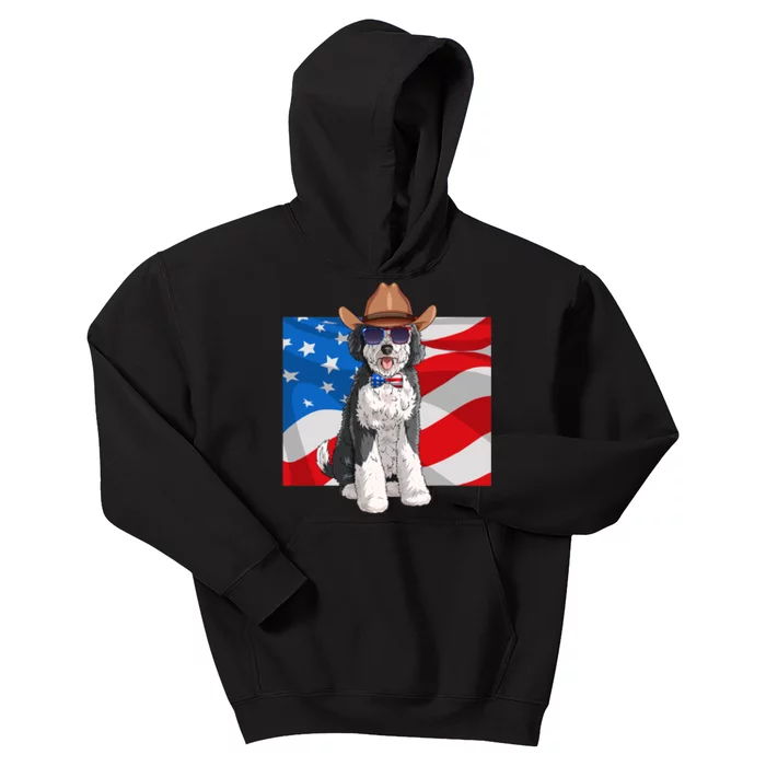 Sheepadoodle Patriotic Merica 4th Of July American Dog Kids Hoodie