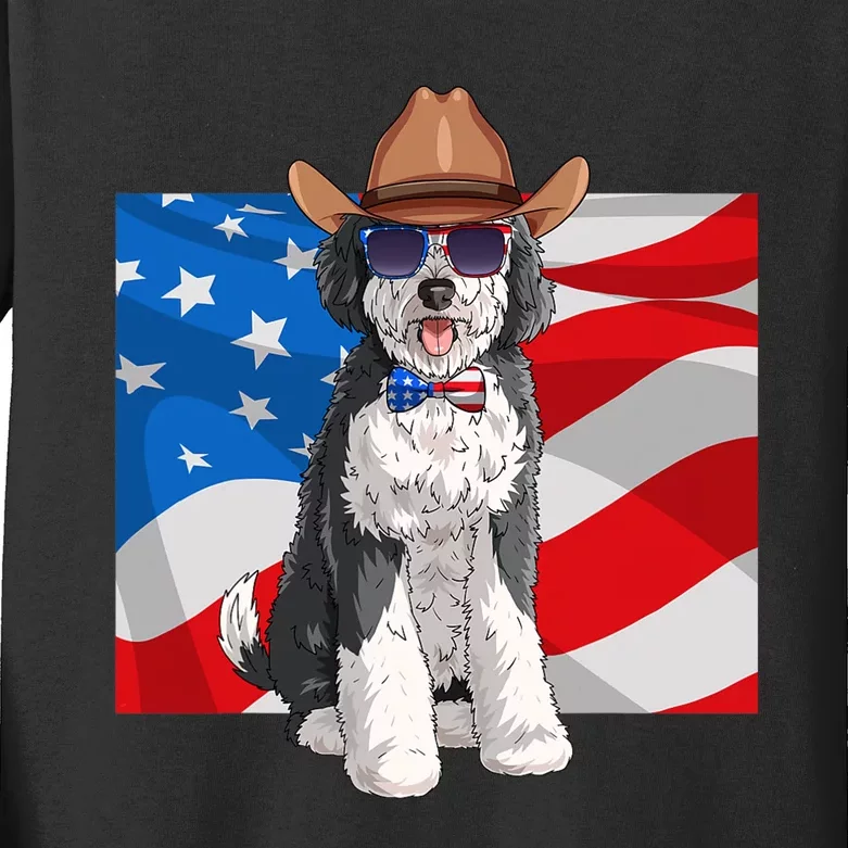 Sheepadoodle Patriotic Merica 4th Of July American Dog Kids Long Sleeve Shirt