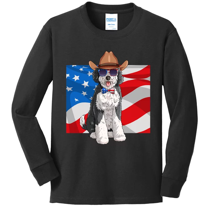 Sheepadoodle Patriotic Merica 4th Of July American Dog Kids Long Sleeve Shirt