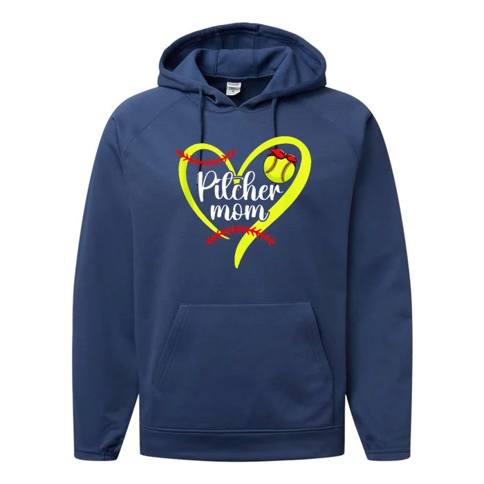 Softball Pitcher Mom Heart Mama Of A Softball Pitcher Mother Performance Fleece Hoodie