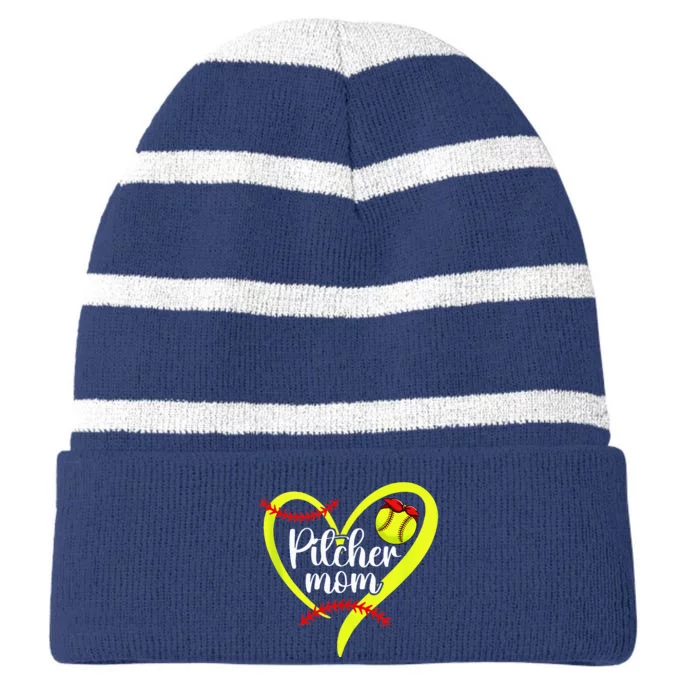 Softball Pitcher Mom Heart Mama Of A Softball Pitcher Mother Striped Beanie with Solid Band