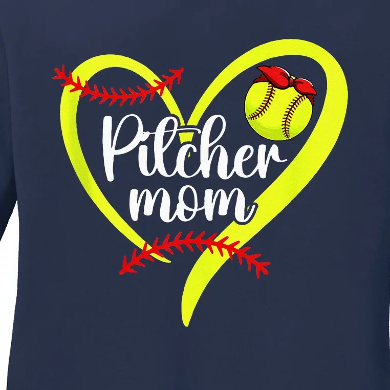 Softball Pitcher Mom Heart Mama Of A Softball Pitcher Mother Ladies Long Sleeve Shirt