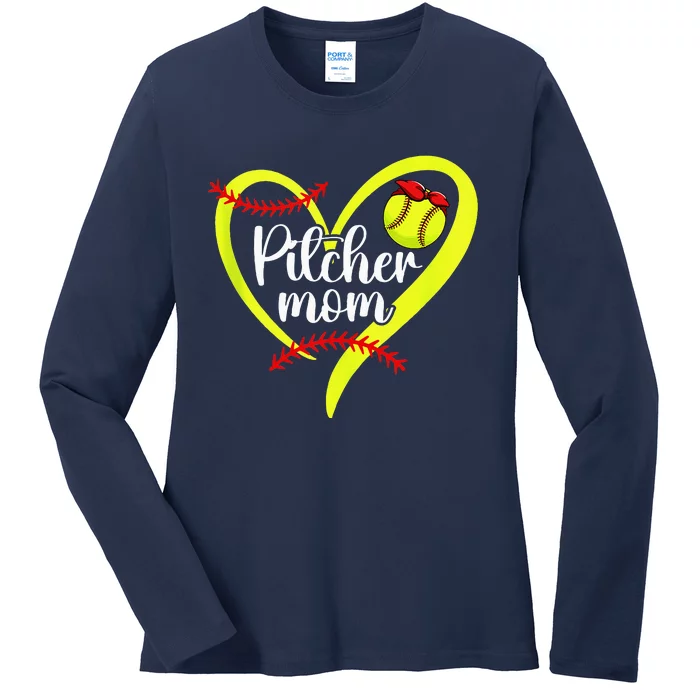 Softball Pitcher Mom Heart Mama Of A Softball Pitcher Mother Ladies Long Sleeve Shirt