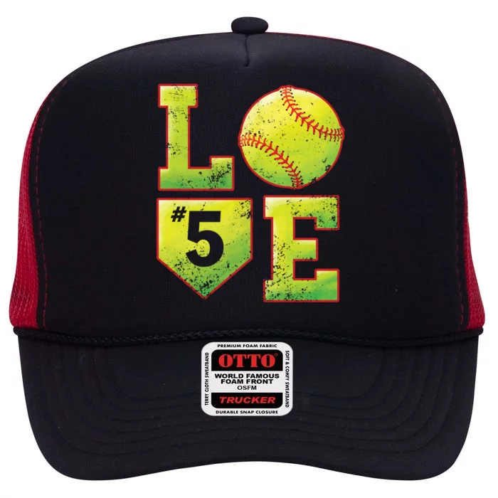 Softball Player Number 5 Softball Mom Dad #5 Biggest Fan Great Gift High Crown Mesh Trucker Hat