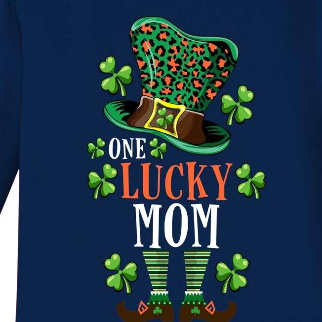 St Patrick’s One Lucky Mom Leprechaun Leopard Print Hat Gift Baby Long Sleeve Bodysuit