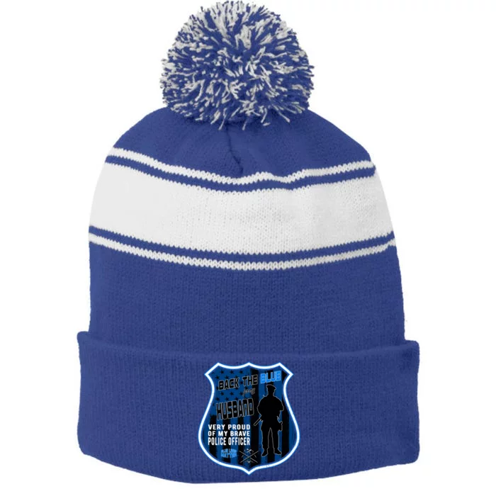 Support Police Officers Cop I Back The Blue For My Husband Gift Stripe Pom Pom Beanie