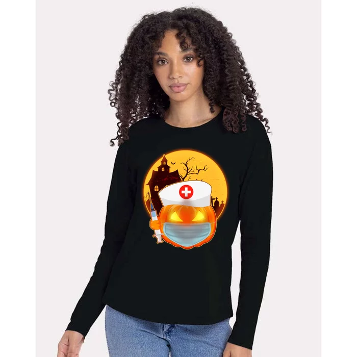 Spooky Halloween Nurse Pumpkin Womens Cotton Relaxed Long Sleeve T-Shirt