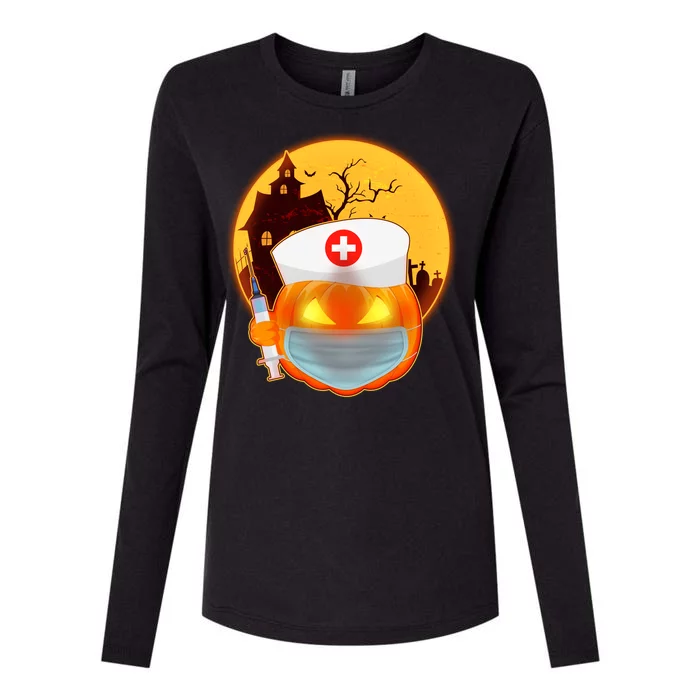 Spooky Halloween Nurse Pumpkin Womens Cotton Relaxed Long Sleeve T-Shirt