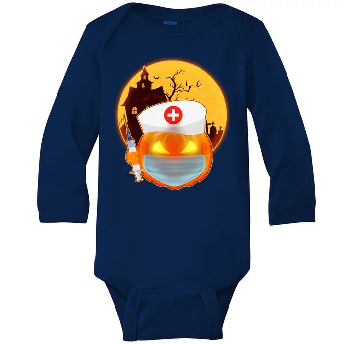 Spooky Halloween Nurse Pumpkin Baby Long Sleeve Bodysuit