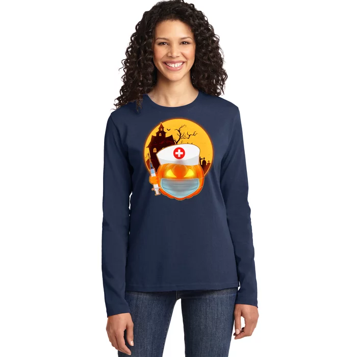 Spooky Halloween Nurse Pumpkin Ladies Long Sleeve Shirt