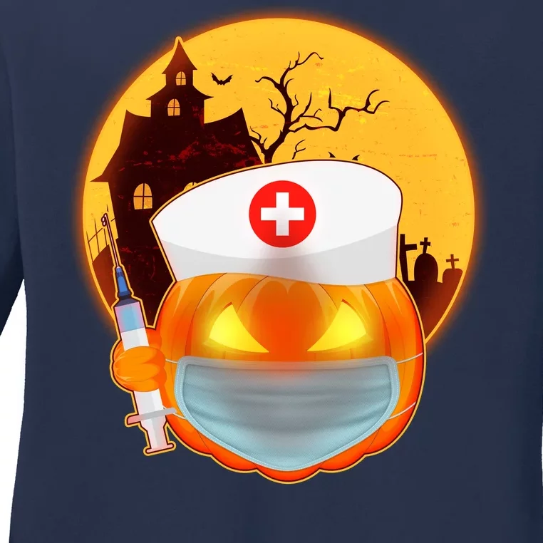 Spooky Halloween Nurse Pumpkin Ladies Long Sleeve Shirt