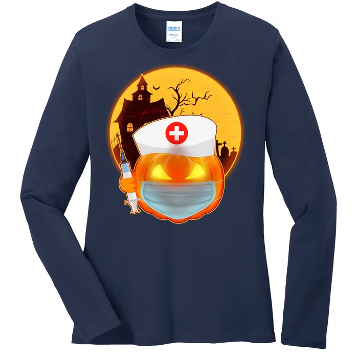 Spooky Halloween Nurse Pumpkin Ladies Long Sleeve Shirt