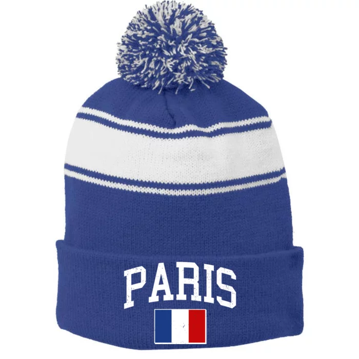 Sporty Paris France Flag Logo Sports Fan Stripe Pom Pom Beanie