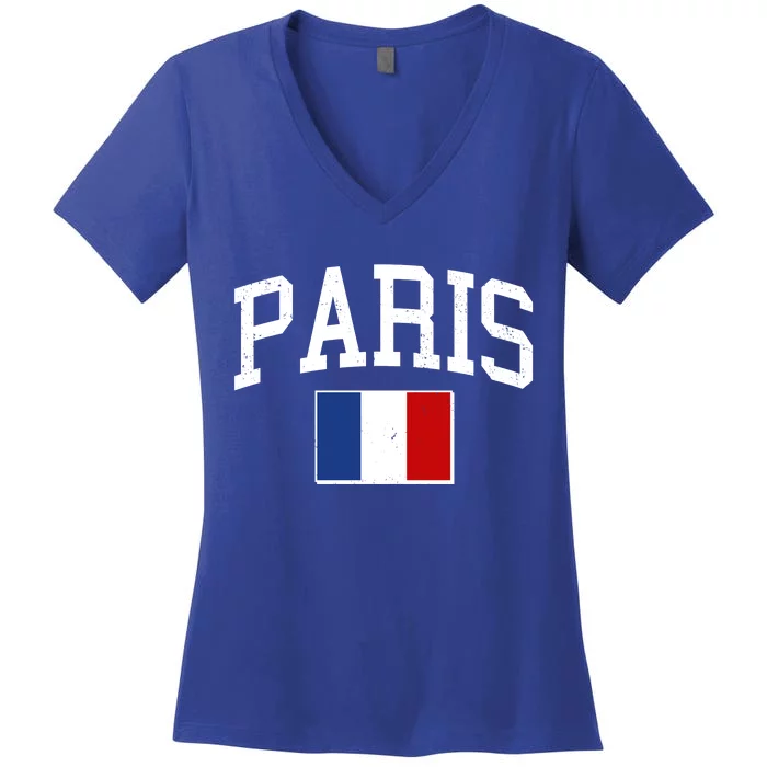 Sporty Paris France Flag Logo Sports Fan Women's V-Neck T-Shirt