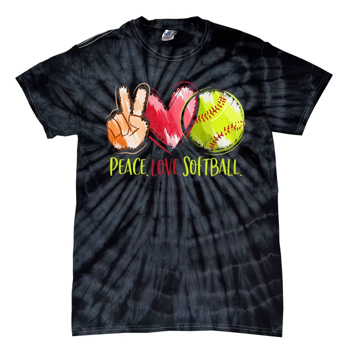 Softball Player Peace Love Softball Tie-Dye T-Shirt