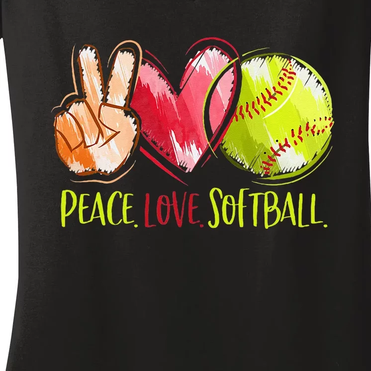 Softball Player Peace Love Softball Women's V-Neck T-Shirt