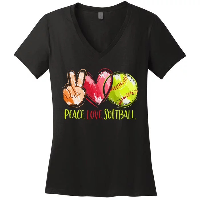 Softball Player Peace Love Softball Women's V-Neck T-Shirt