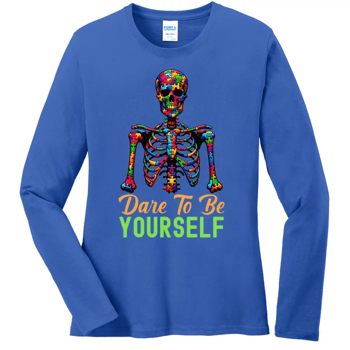 Skeleton Puzzle Pieces Autism Awareness Dare To Be Yourself Gift Ladies Long Sleeve Shirt