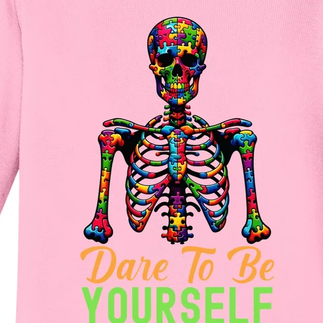 Skeleton Puzzle Pieces Autism Awareness Dare To Be Yourself Gift Baby Long Sleeve Bodysuit