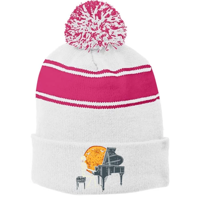 Skeleton Playing Piano Moon Halloween Stripe Pom Pom Beanie