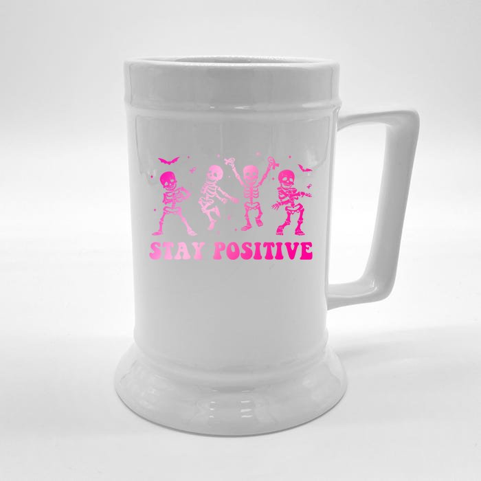 Stay Positive Pink Breast Cancer Halloween Spooky Skeleton Cute Gift Front & Back Beer Stein