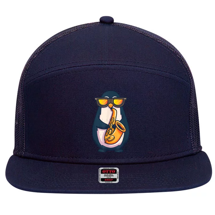 Saxophone Player Penguin Jazz Band Music Animal Lovers Gift 7 Panel Mesh Trucker Snapback Hat